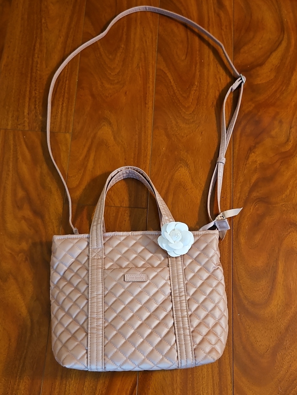 Vera Bradley Quilted Taupe Shoulder Tote with White Flower
